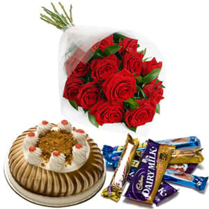 Red Roses Bunch with Cake and Chocolates